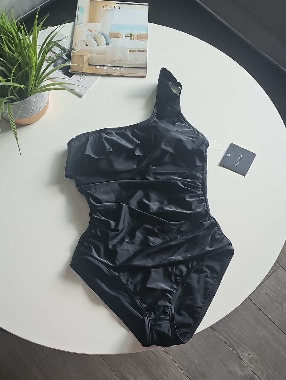 Ellen Tracy One-Shoulder Black Ruched One-Piece Swimsuit
